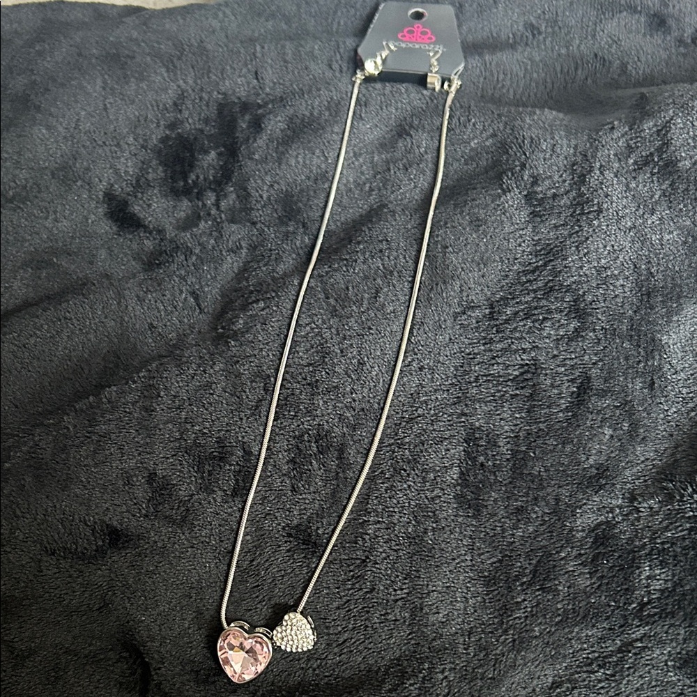 paparazzi Silver-Tone Necklace with Pink Faceted Heart and Rhinestone Heart